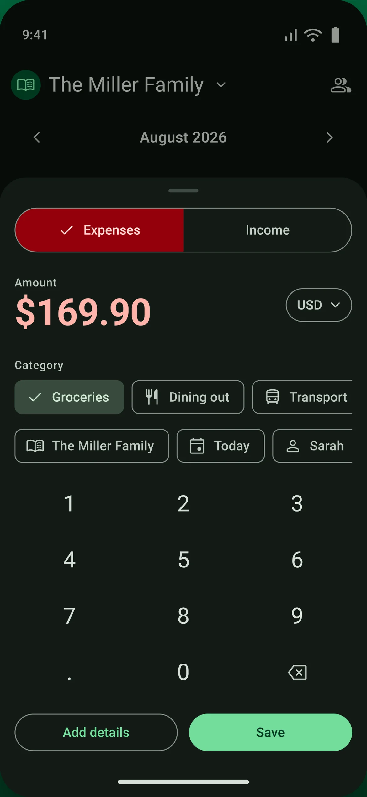 Birikko add transaction screen