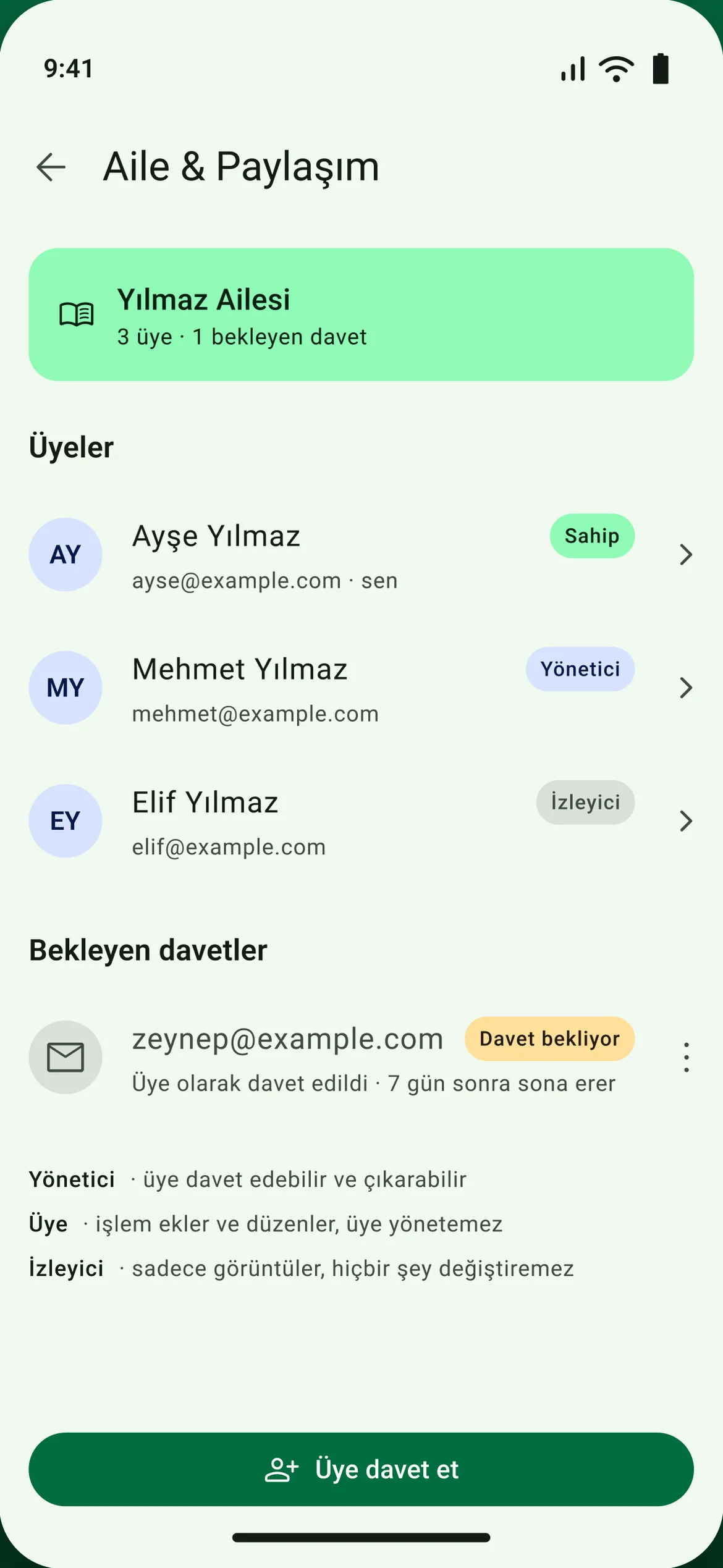 Birikko defter üyeleri ekranı: aile üyeleri ve rolleri